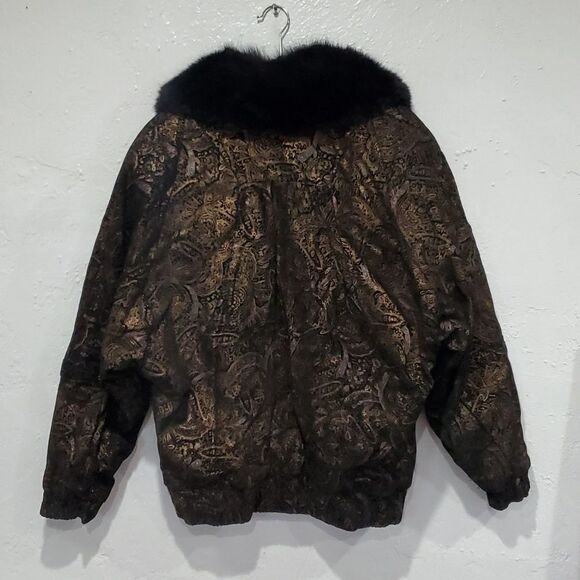 Vintage 1960s Radlee Patterned Leather Coat with Genuine Fox Fur Collar Sz M - Picture 8 of 16